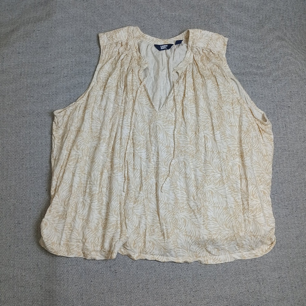 Lands End Sleeveless Blouse Womens 3X Tan Cream Excellent Linen Blend Leaf Print
